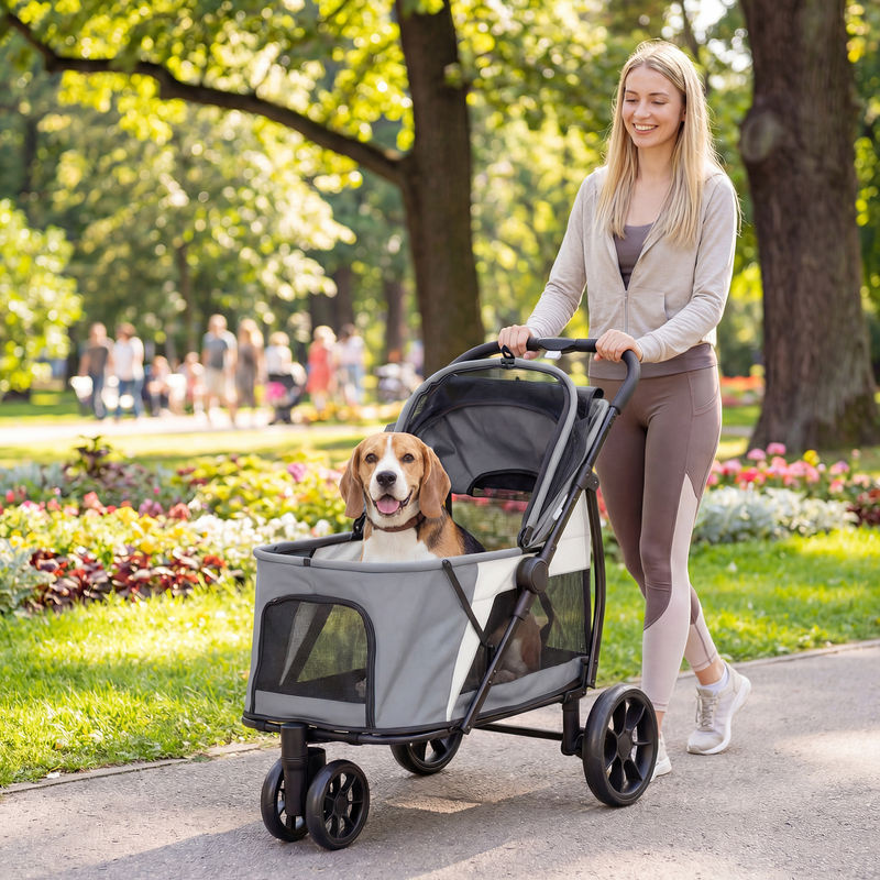 PawHut Hundewagen und Katzenbuggy faltbar in Grau bis 20 kg mit waschbarem Kissen und Netzfenstern - Bild 2