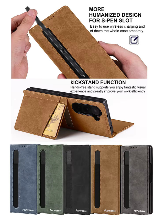Lederhandyhülle für Samsung Galaxy Z Fold 7 6 5 4 3 mit Kartenhalter und Ständer in Grau - Bild 4