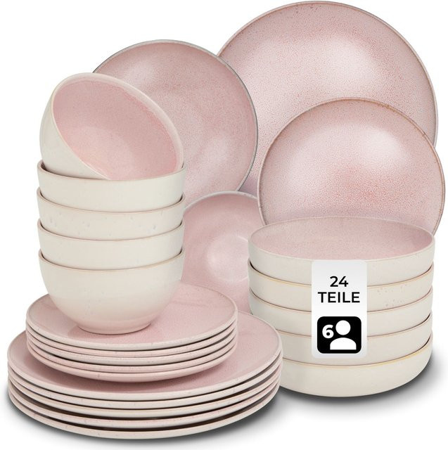 tectake Tafelservice für 6 Personen aus Steingut in Pink, handgefertigt, stapelbar, mikrowellen- und spülmaschinenfest, B/T/H: 26,5 x 26,5 x 2,5 cm - Bild 1
