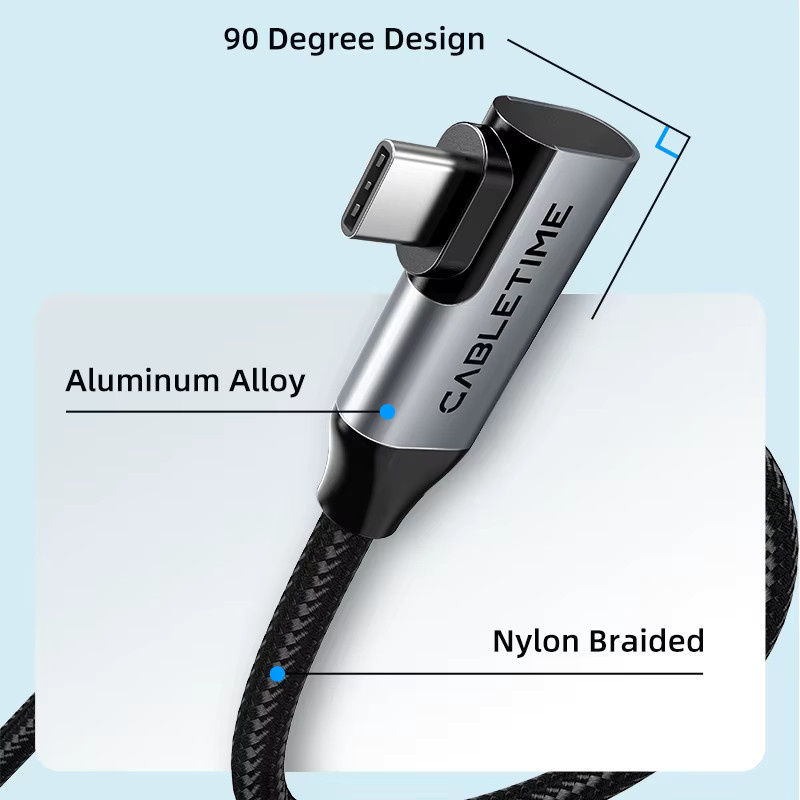 CABLETIME USB C auf USB C-Kabel in Schwarz mit USB 3.2 Gen 2 20 Gbit/s, 90 Grad Winkel, PD 100 W Schnellladung und 4K 60 Hz Videoübertragung für iPhone 16, MacBook Pro und iPad - Bild 5