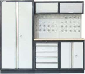 STIER Werkstatteinrichtung Basic 3-teilig mit Lochwand und Multiplex-Arbeitsplatte, Weiß, B/T/H: 227,5 x 46,0 x 200,0 cm - Bild 1