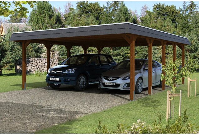 Skan Holz Carport Spreewald mit EPDM Dach und schwarzer Blende in Nussbaum, B/T: 585 x 741 cm - Bild 1