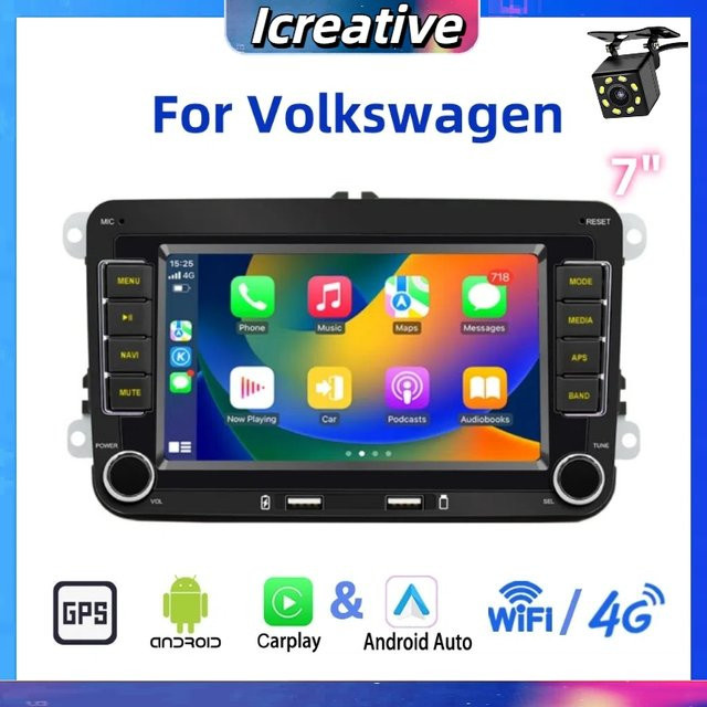 Icreative Android Autoradio mit 7 Zoll Display für Volkswagen Golf 5 6 Polo Passat B6 B7 CC Jetta Caddy in Schwarz mit GPS und Wireless Carplay - Bild 1