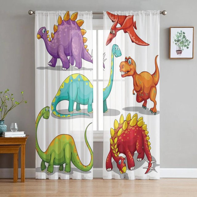 Yiran Furniture Dinosaurier Cartoon Voile-Vorhang aus transparentem Organza, Mehrfarbig, Breite: 135 cm, Höhe: 115 cm - Bild 1