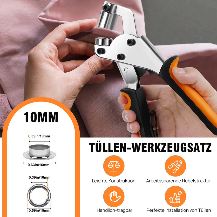 Nietzange und Lochzangen-Set in Silber aus Metall inklusive 500 Stück 10-mm-Nieten für Zelte, Vorhänge, Segeltuch, Leder und Textilien - Bild 7