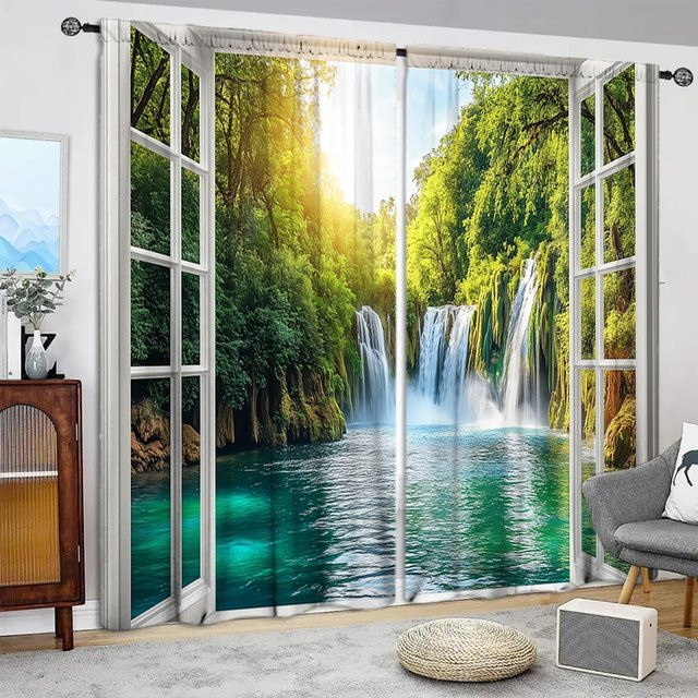 2er-Set bedruckte Vorhänge mit Naturmotiv in Gelb, halbtransparentes Fensterdekor für Schlafzimmer und Büro, B: 52,5 cm, H: 116 cm - Bild 1