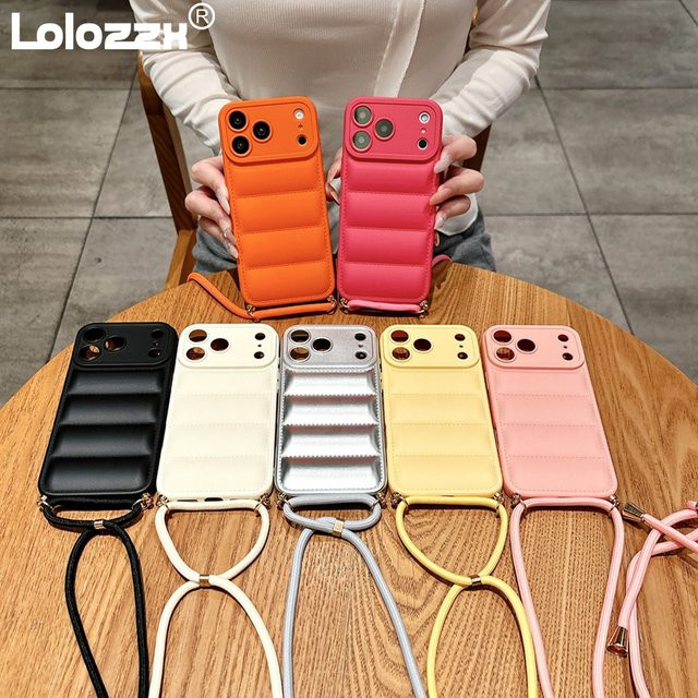 lolozzx Crossbody Schultergurt mit Daunenjacke-Design und Handyhülle für iPhone 17 Air 16 15 14 13 12 11 Pro Max Plus X XR XS in Orange - Bild 1