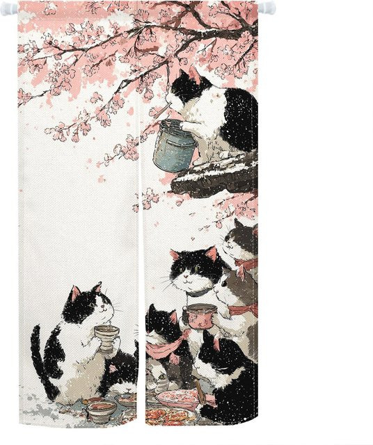 Lampayan Noren Türvorhang im japanischen Stil mit Katzen, Kirschblüten und Vogelmuster aus Polyester, Mehrfarbig, B: 100 cm, H: 130 cm - Bild 1
