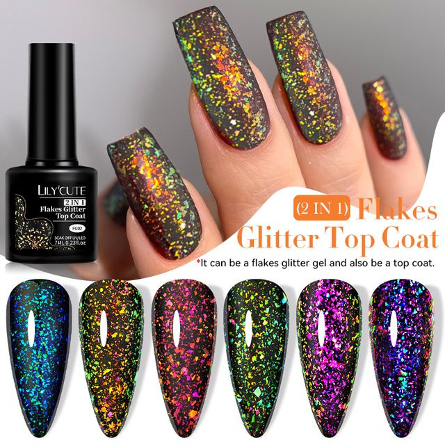 LILYCUTE Nagellack 2 in 1 Flakes Glitter Top Coat, 7 ml, Glänzend - Bild 1