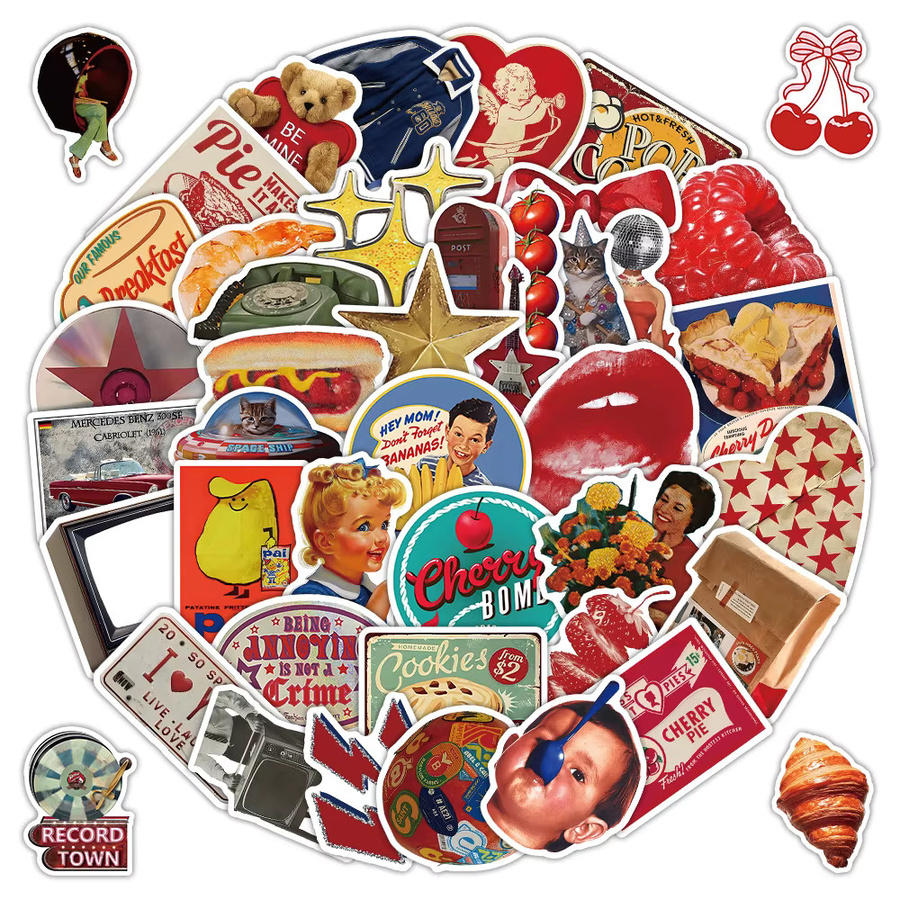 52 Stück wasserfeste Aufkleber im amerikanischen Retro-Stil in Gold und Multicolour von Golden Memory Stickers Store für Handyhüllen, Notizbücher und DIY-Bastelarbeiten - Bild 2