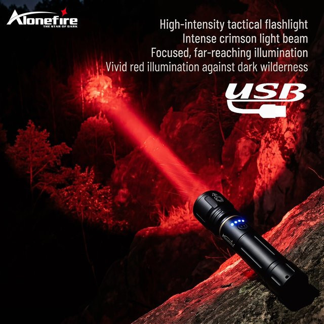 Alonefire Zoom Rotlicht-LED-Taschenlampe aus Aluminium, USB wiederaufladbar, Schwarz - Bild 1