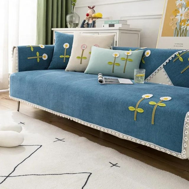 Rutschfester Chenille-Sofabezug mit Blumenmuster in Blau und Weiß, universelles Sofatuch für alle Jahreszeiten, Breite: 70 cm, Höhe: 70 cm - Bild 1