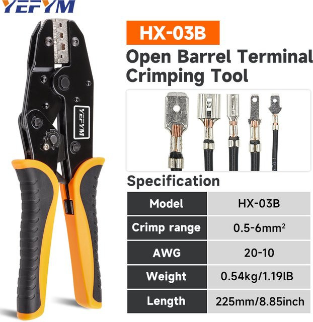 YEFYM Crimpzange HX-03B Ratschenzange für nicht isolierte offene Zylinderklemmen, AWG 20-10 (0,5–6 mm2), für 2,8/4,8/6,3-Steckverbinder, Schwarz - Bild 1