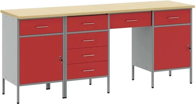 vidaXL Werkbank 4-teilig aus Holz und Stahl in Rot mit Pegboard, B/T/H: 200 x 55 x 85 cm - Bild 1