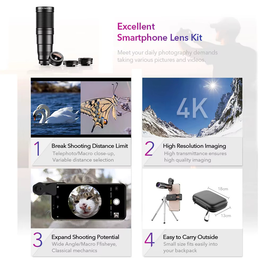APEXEL 4in1 Kamera Objektiv Kit für iPhone und Samsung mit 22X Teleskop Zoom, Makro, Weitwinkel und Fisheye Objektiven inklusive Stativ und Fernbedienung, Schwarz - Bild 3