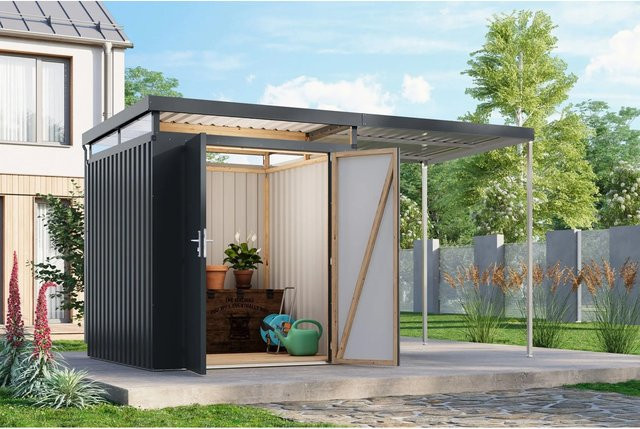 Karibu Metallgerätehaus Argos 2 mit Anbaudach in Anthrazit - Bild 1