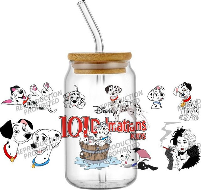 UV DTF 3D Transferaufkleber mit 101 Dalmatiner Cartoon-Hundedesign für 16oz Glasbecher und Kaffeetassen, Multicolor - Bild 1