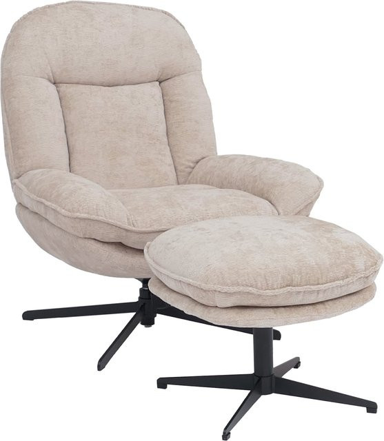 MCW Relaxsessel mit Hocker P32 in Creme, drehbar mit Metallgestell und Chenille-Stoff - Bild 1
