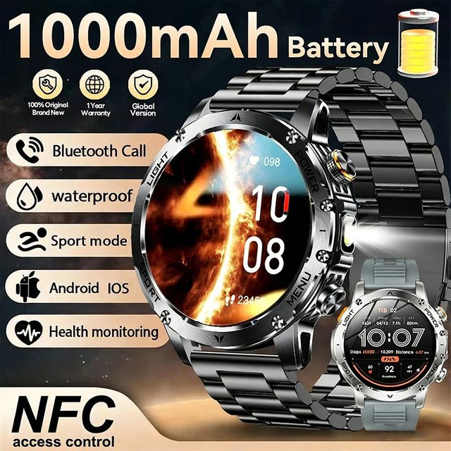 LIGE Militär-Outdoor-Smartwatch mit 1,85 Zoll AMOLED Display, 1000mAh Akku, 10ATM Wasserdichtigkeit und Anruffunktion für Herren in Silber/Grau - Bild 1