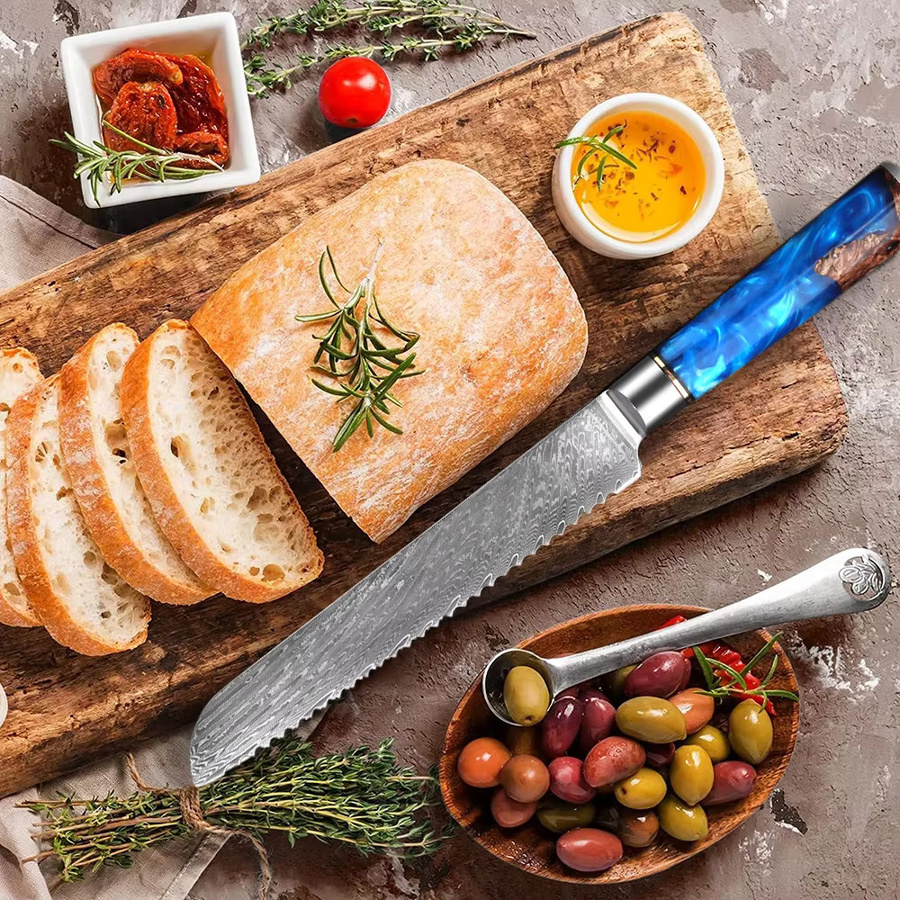 Baovim Profi Küchenmesserset aus Damaststahl mit blauem Harz-Holzgriff, 1–8 Stück Set zum Schneiden von Fleisch, Sushi und zum Schälen - Bild 2