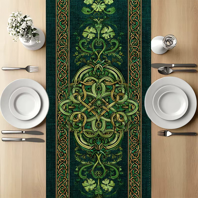VIKAMA Tischläufer mit keltischem Kleeblatt-Motiv aus Leinen, Grün, B/H: 90 x 33 cm - Bild 2