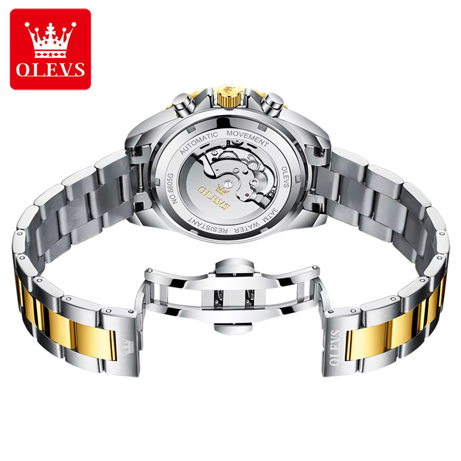 OLEVS Armbanduhr Automatik, Edelstahl, Schwarz, Gold, Herren - Bild 2