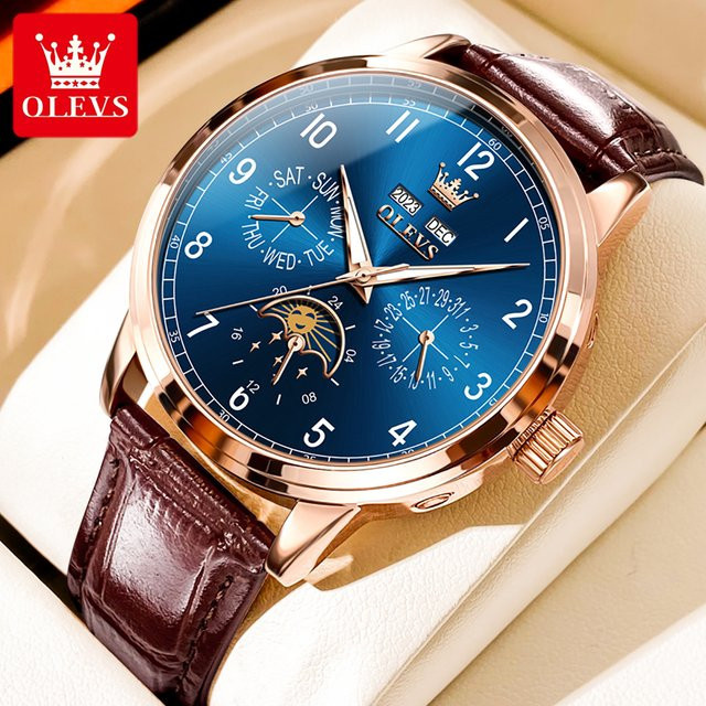 OLEVS Armbanduhr, Automatik, Mondphase, Leder, Blau, Herren - Bild 1