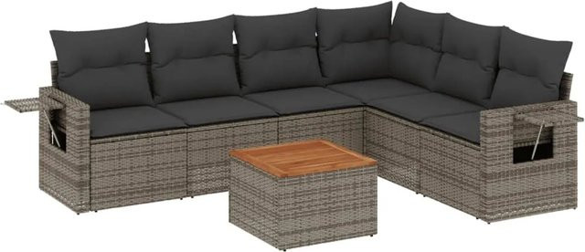 vidaXL 7-teilige Garten-Sofagarnitur aus Poly-Rattan und Akazienholz in Grau mit Kissen - Bild 1