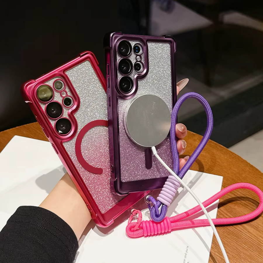 Glitzer-Handyhülle mit magnetischem Trageriemen und Farbverlauf in Blau für Samsung Galaxy S25 S24 S23 Ultra Plus FE mit Airbag-Schutz - Bild 2