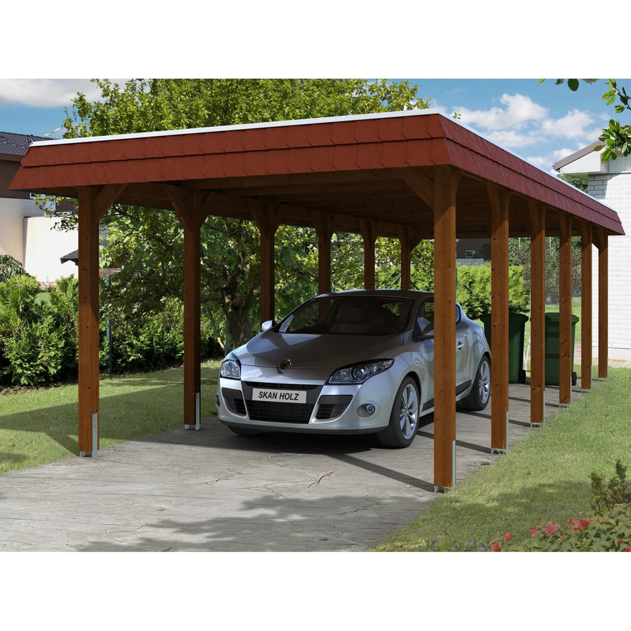 Skan Holz Carport Spreewald mit roter Blende in Nussbaum mit flacher Dachform aus Nadelholz und Aluminium, B/T/H: 893 x 345 x 241 cm - Bild 2
