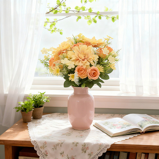 Dycrazy Künstliche Blumen Kombination aus Dahlien und Rosen in Blau und Mehrfarbig für Hochzeitskranz, Garten-Dekoration und Tischdekoration - Bild 1