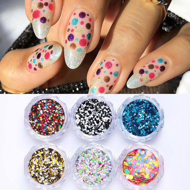 SWEET TREND Nagelglitzerflocken, Polka Dots, bunt, glänzend, 6 Stück - Bild 1