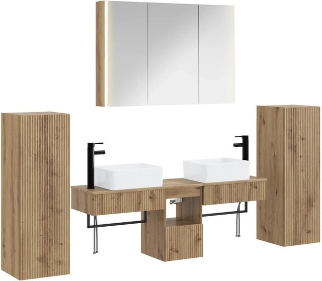 vidaXL Badezimmermöbel-Set 6-teilig in Artisan-Eiche und Glas, modern, Braun, mit LED-Beleuchtung und Spiegelschrank - Bild 1