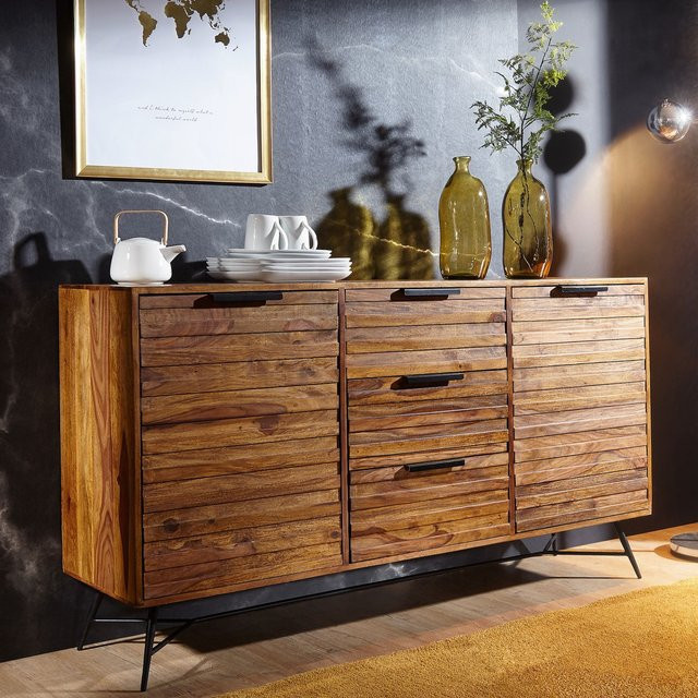 Finebuy Sideboard aus Massivholz Sheesham im Industrial Design mit 2 Türen und 3 Schubladen, Farbe: Braun/Schwarz, Breite: 160 cm, Höhe: 88 cm, Tiefe: 40 cm - Bild 1