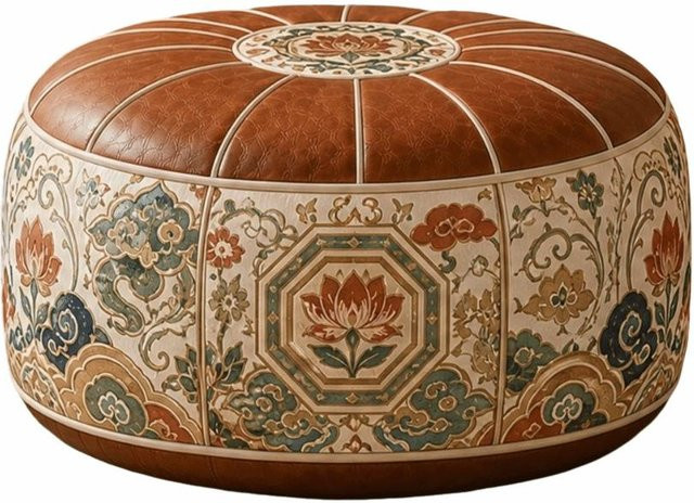 Aufbewahrungshocker im Boho-Design aus braunem PU-Leder, zylindrischer Pouf für dein Wohnzimmer - Bild 1