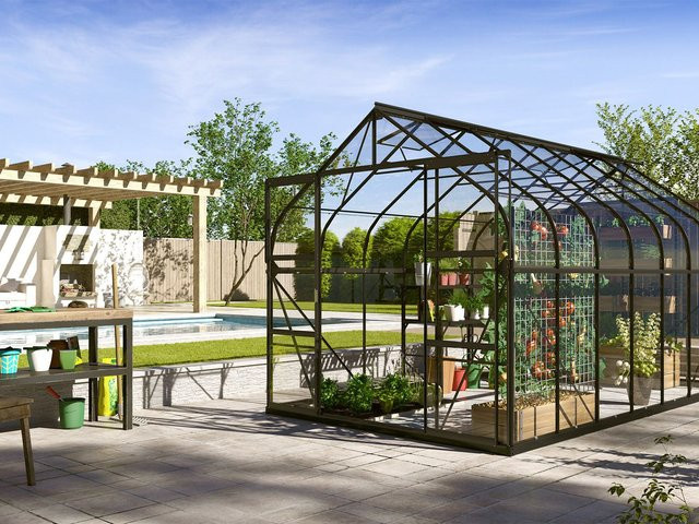 VITAVIA Dione Gewächshaus mit Doppelschiebetür und Sicherheitsglas in Schwarz, 11,5 m² - Bild 1
