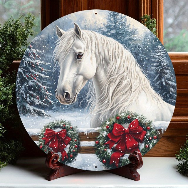 Potdemiel Rundes Aluminium-Wandkunstschild Vintage Weißes Pferd im Schnee mit Weihnachtskranz, Durchmesser: 20,3 cm - Bild 1