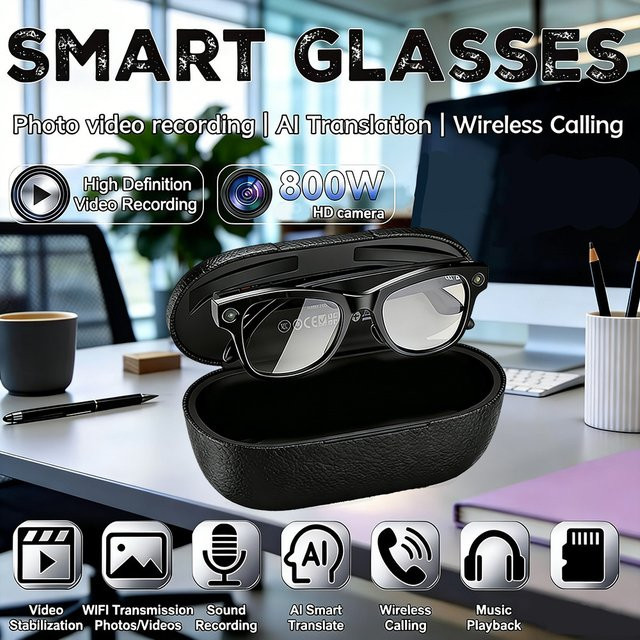 Smart AI-Brille mit 4K Kamera, ChatGPT Integration, Foto- und Videofunktion, Übersetzungsfunktion und Musik sowie 32GB Speicher in Schwarz inklusive 3600mAh Ladecase Powerbank - Bild 1