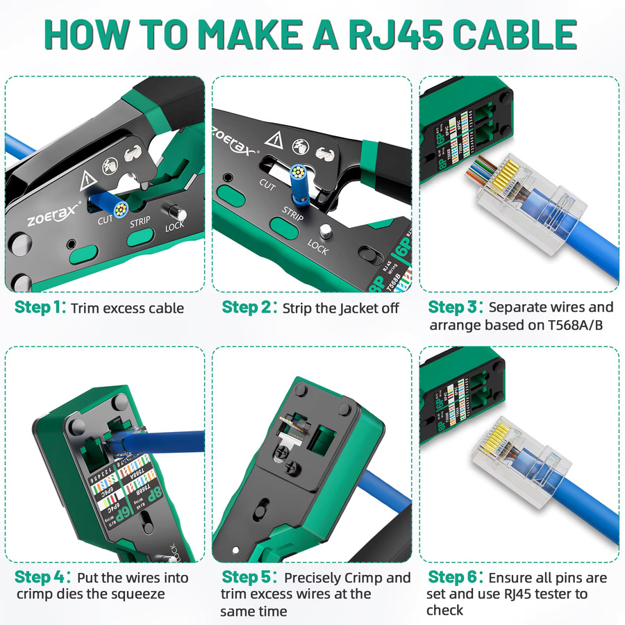 ZOERAX Netzwerk Crimpzange für RJ45 CAT6 CAT5E Pass Through Stecker in Gelb mit Ersatzklinge - Bild 6