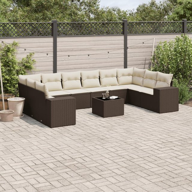 vidaXL 11-tlg. Garten-Sofagarnitur in L-Form aus Polyrattan mit Kissen, Braun - Bild 3