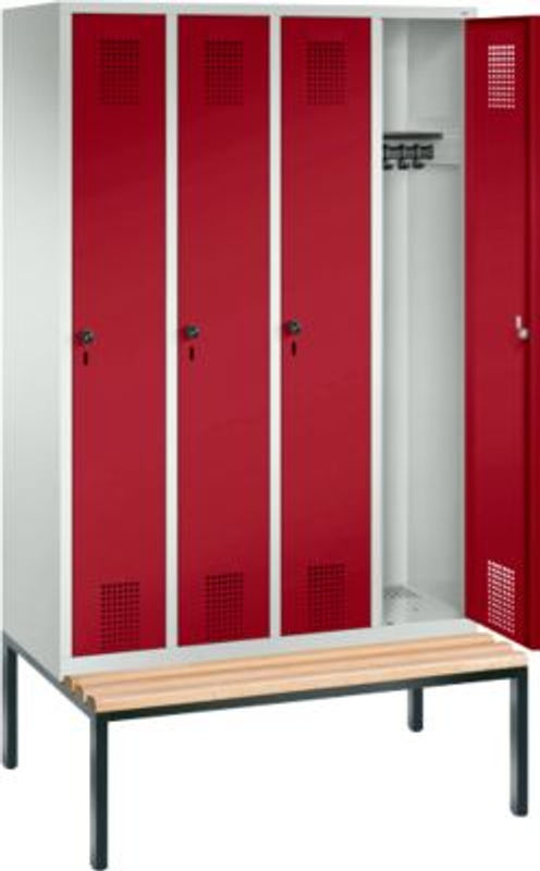 C + P Garderobenspind Evolo S 3000 aus Stahl mit integrierter Sitzbank, 4 Abteile mit je 300 mm Breite und Sicherheitsdrehriegelverschluss, Lichtgrau RAL 7035 und Rubinrot RAL 3003 - Bild 3