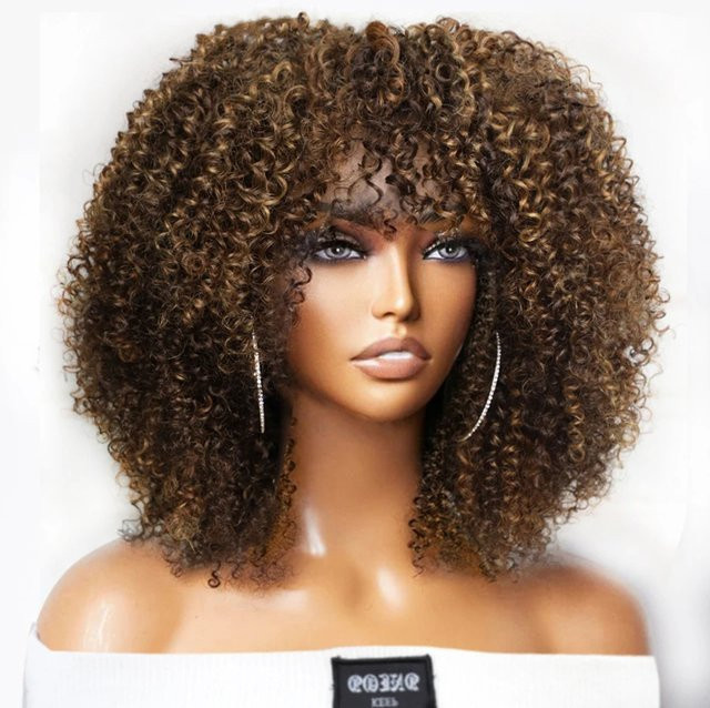 Rebecca Youth Afro-Perücke, braunes lockiges Echthaar mit Pony, Unisex - Bild 1