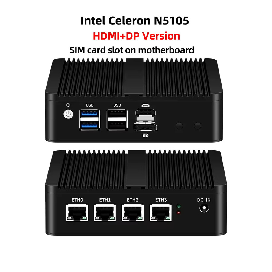 XCY Lüfterloser Mini-PC mit Intel Prozessor, 4x 2.5G Ethernet, Thin Client in Schwarz, unterstützt Windows und Linux - Bild 2