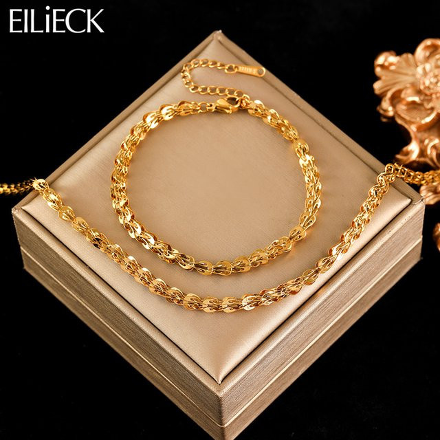 EILIECK Schmuck-Set Halskette, Armband, Edelstahl, Gold, Damen - Bild 1