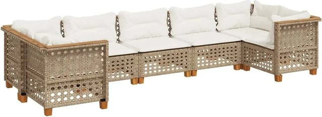 vidaXL 7-teilige Garten-Sofagarnitur in L-Form aus Poly-Rattan und Akazienholz mit Kissen in Beige und Cremeweiß - Bild 1