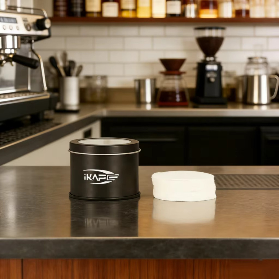 IKAPE Kaffee-Puck-Siebfilter Set mit Metall-Aufbewahrungsbox, 200 Stück, universell passend für Siebträgerkörbe, rund, Weiß - Bild 2