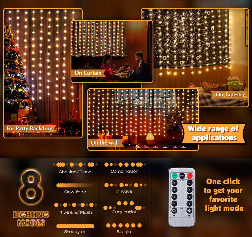 IEEYEEY LED-Feen-Lichterkette als Vorhang mit Fernbedienung und 8 Modi, USB-Betrieb, Warmweiß - Bild 3
