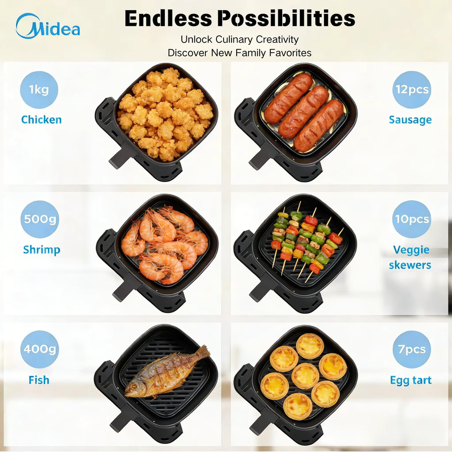 Midea Smart Heißluftfritteuse mit 5l Kapazität, Schwarz, App-Steuerung und Durchsichtfenster für fettarmes Kochen - Bild 3