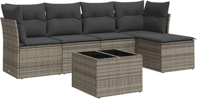 vidaXL 6-tlg Garten-Sofagarnitur L-Form aus Poly Rattan in Grau mit Kissen und UV-beständigem Polyester - Bild 1
