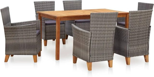 vidaXL 7-teilige Garten-Essgruppe aus Poly Rattan und Akazien-Massivholz in Grau - Bild 1